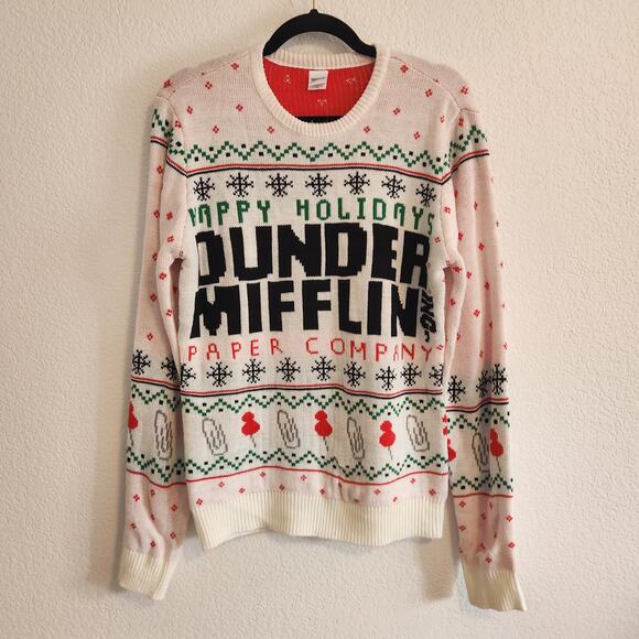 The Office Dunder Mifflin‎ Men's Size Small Ugly Christmas Sweater White New - Picture 1 of 5